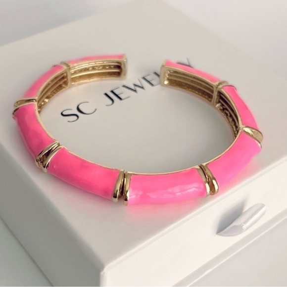 Cuff Pink Bracelet | Handcrafted 22K Gold Tone | Enameled Luxury Jewelry - Picture 1 of 11